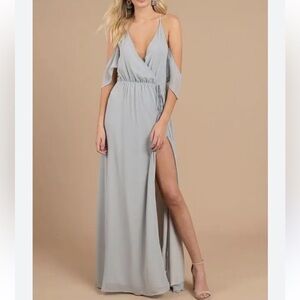 Tobi | NWT Gray Cold Shoulder Side Slit Blue Rhythm Tassel Strappy Maxi Dress S